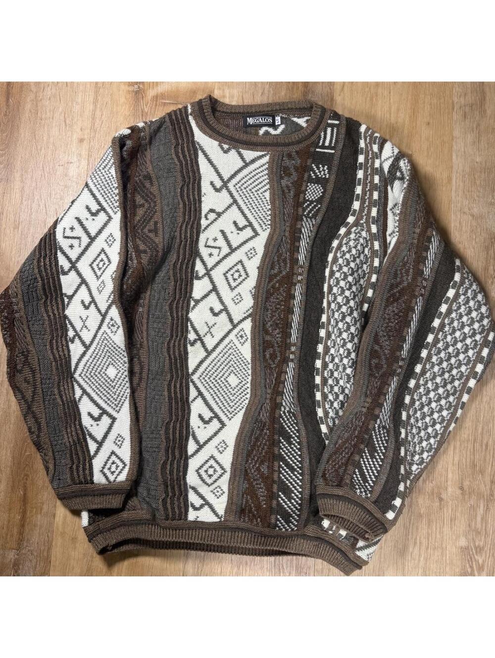 90s Multicolored Textured Knit Sweater – Brown & Cream (L/Tall)
